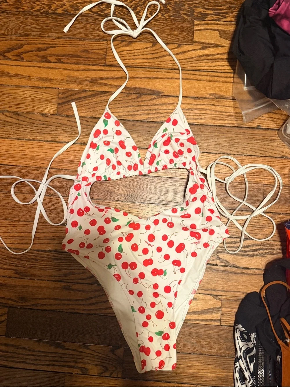 NWOT Frankie's Bikinis White Cherry Cutout One-Piece Swimsuit Sz medium